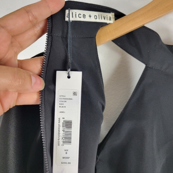 New Alice + Olivia Rosaline High Neck Satin Ruffle Cold Shoulder Pleated Romper - Picture 9 of 14